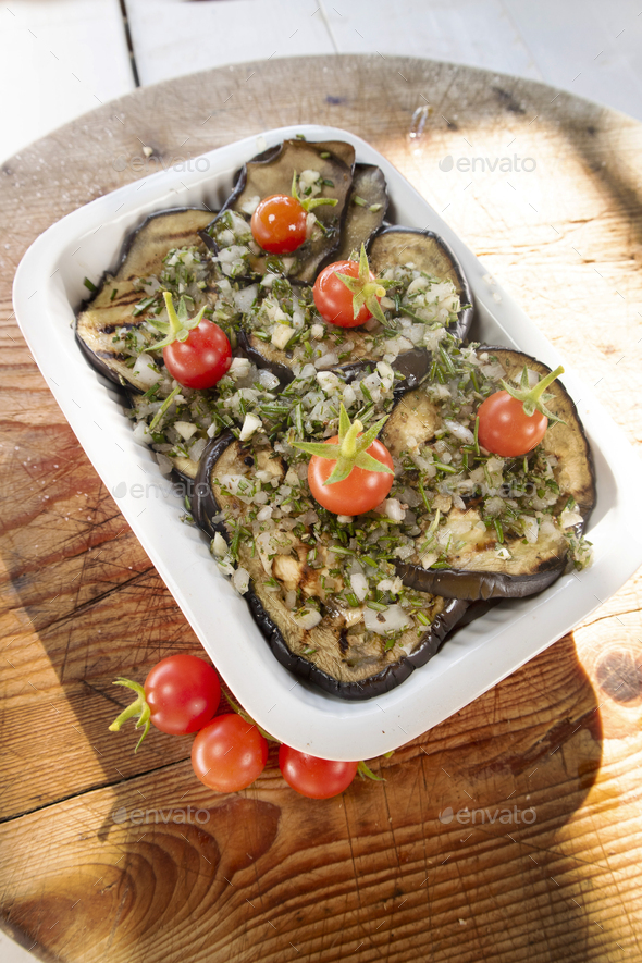 Grilled aubergines flavored with rosemary olive oil and garlic Stock